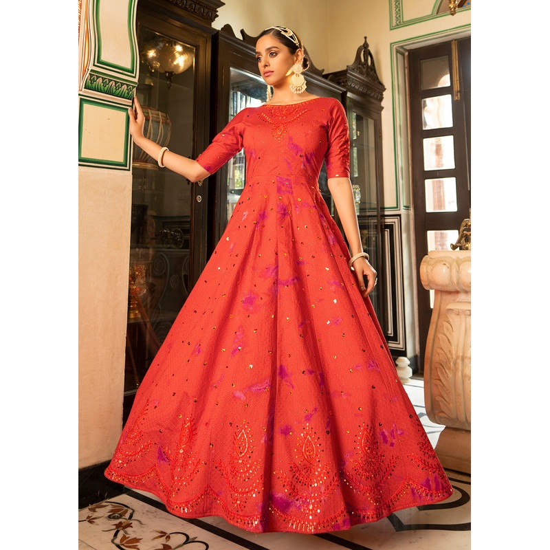 Orange Shibori Print Embroidered Floor Length Cotton Gown