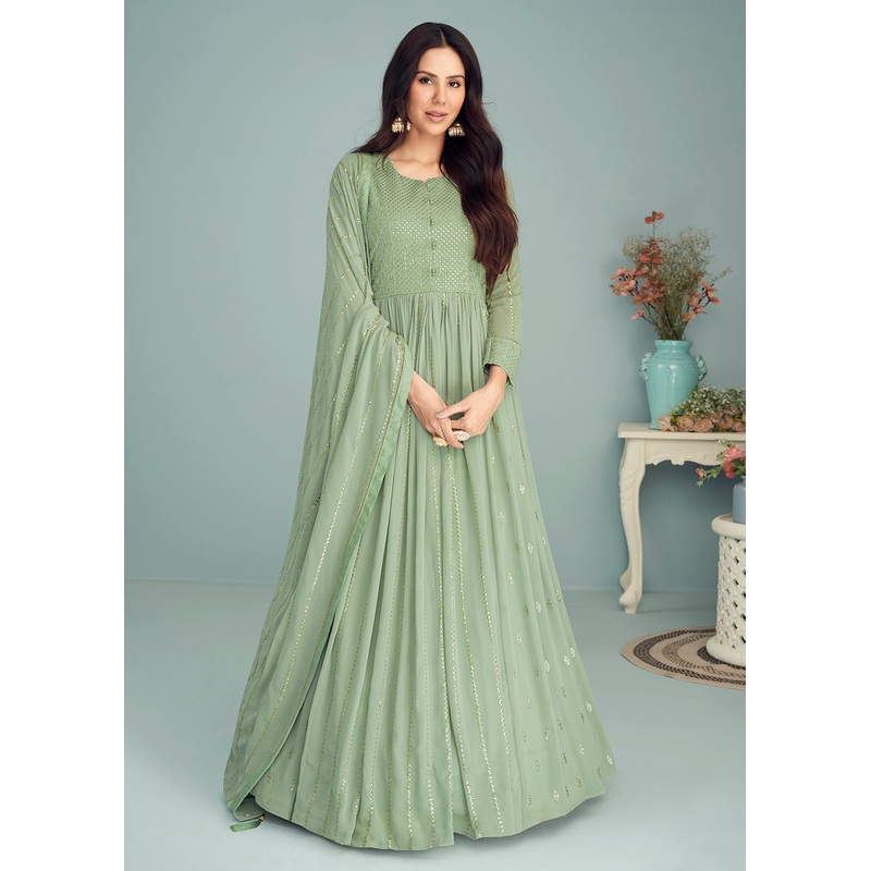 Pastel Green Georgette Embellished Wedding Anarkali Suit