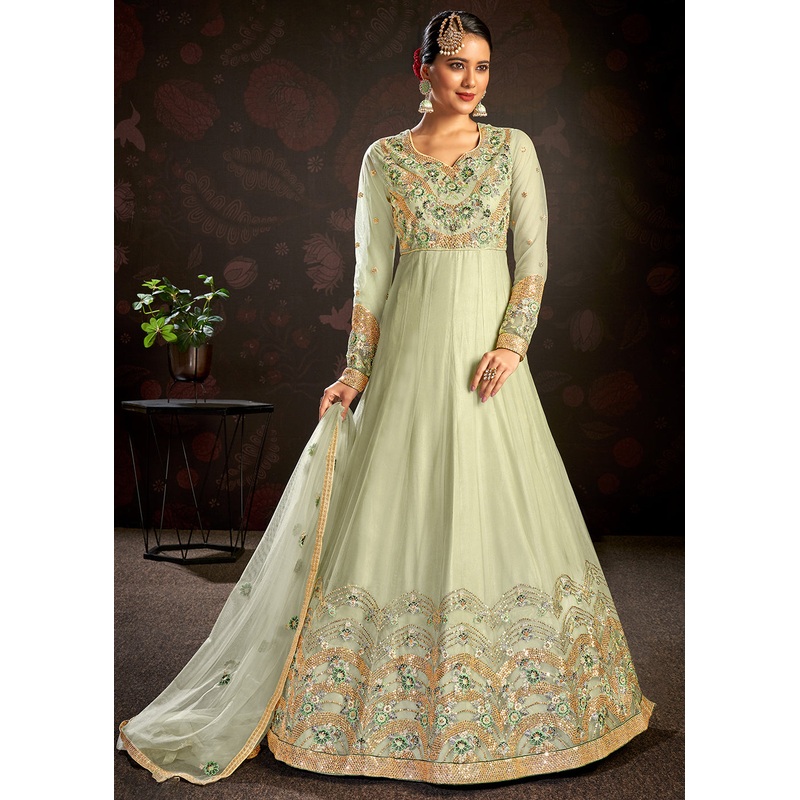 Pastel Green Sparkly Net Embroidered Designer Anarkali Suit