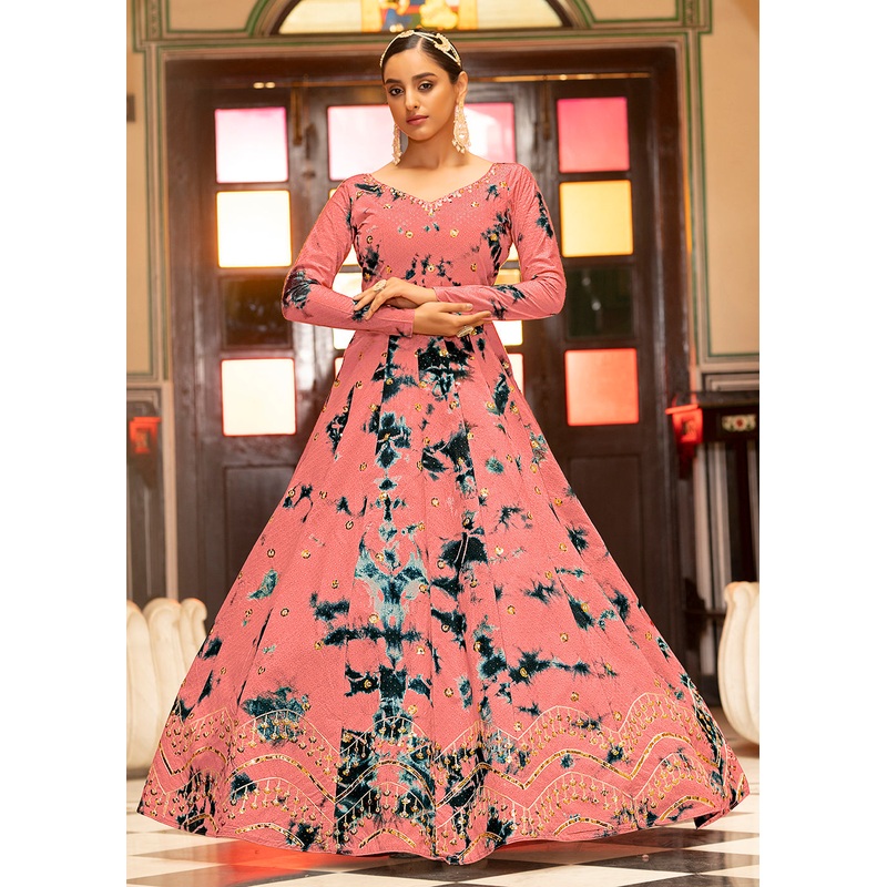 Peach Shibori Print Embroidered Floor Length Cotton Gown