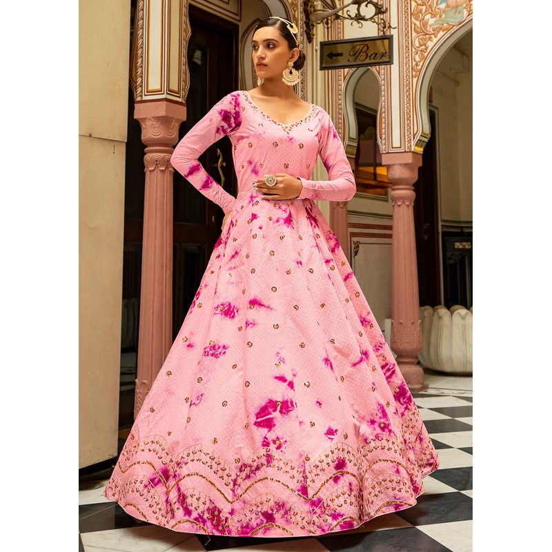Pink Shibori Print Embroidered Floor Length Cotton Gown