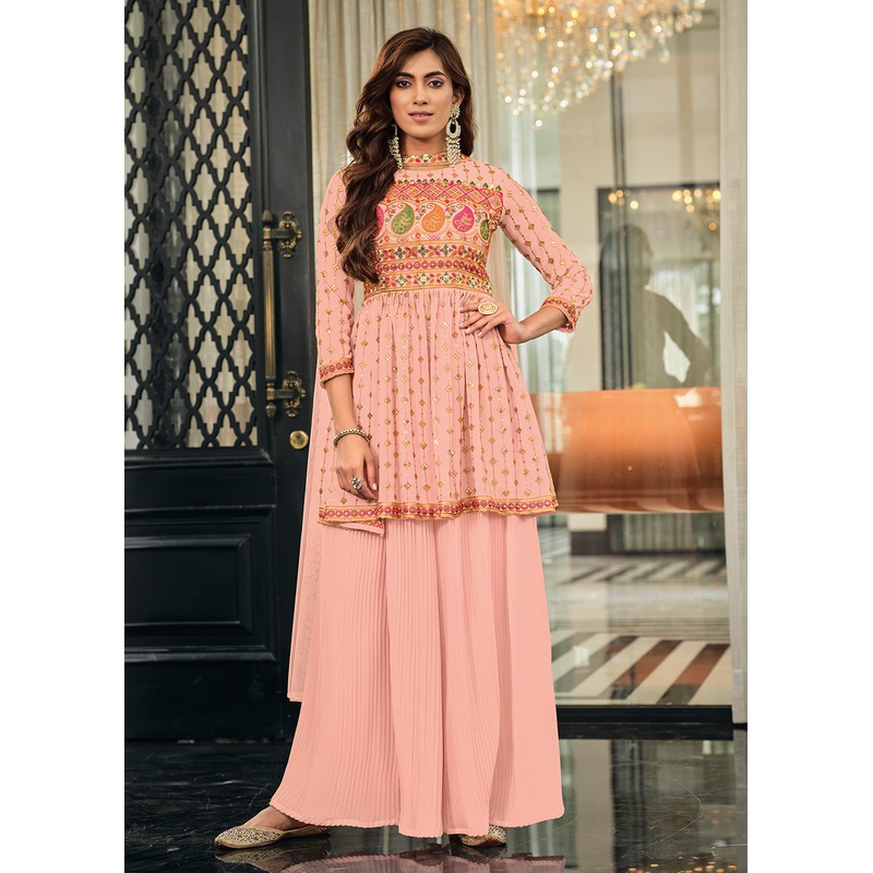 Pinkish Peach Festive Wear Georgette Palazzo Salwar Suit
