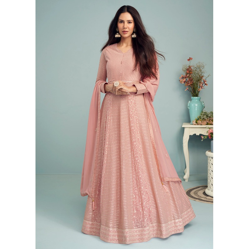 Pleasing Peach Georgette Embellished Wedding Anarkali Suit