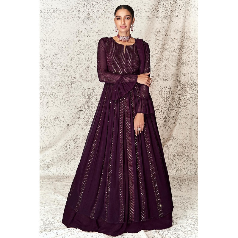 Plum Purple Slitted Style Georgette Skirt Style Anarkali