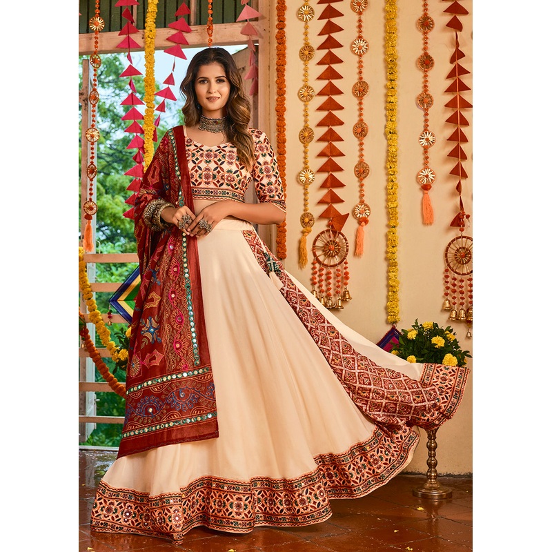 Precious Beige Maslin Cotton Mirror Navratri Chaniya Choli