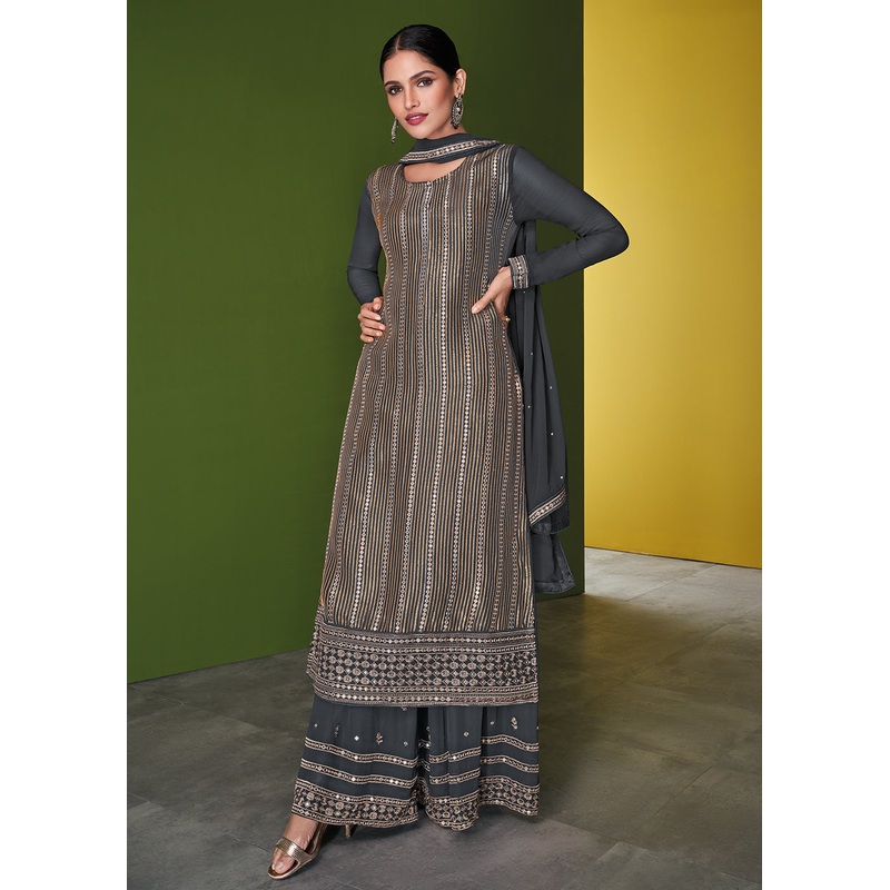 Precious Grey Beautifully Embroidered Festive Palazzo Suit
