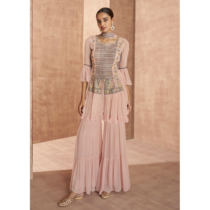 Pretty Peach Flared Party Georgette Gharara Style Suit