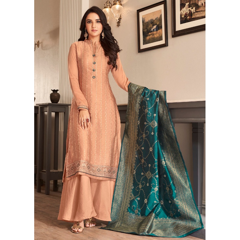 Pretty Peach Traditional Silk Embroidered Palazzo Salwar Suit