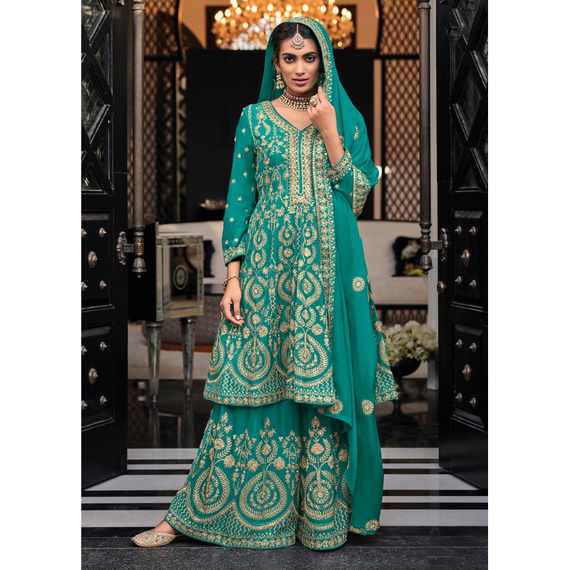 Punjabi Style Admirable Teal Wedding Palazzo Suit