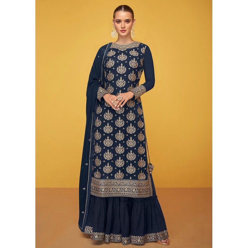Pure Georgette Riveting Blue Designer Palazzo Suit
