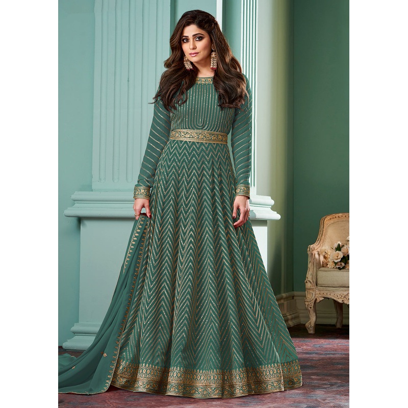 Pure Green Belt Style Anarkali Featuring Shamita Shetty