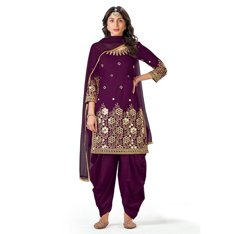 Purple Patiala Style Silk Embroidered Punjabi Salwar Suit