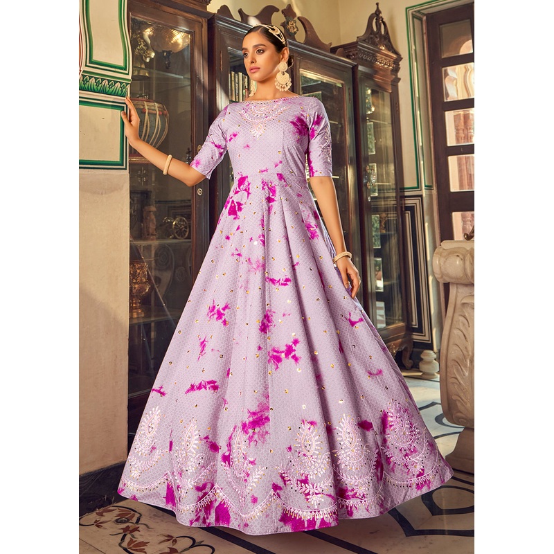 Purple Shibori Print Embroidered Floor Length Cotton Gown