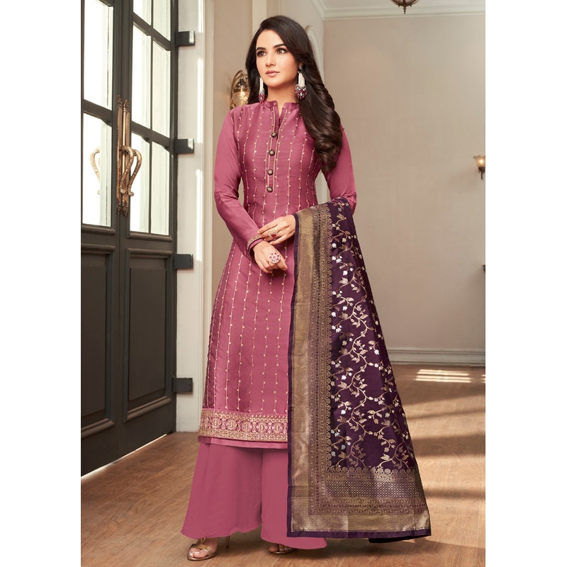 Purple Traditional Silk Embroidered Palazzo Salwar Suit