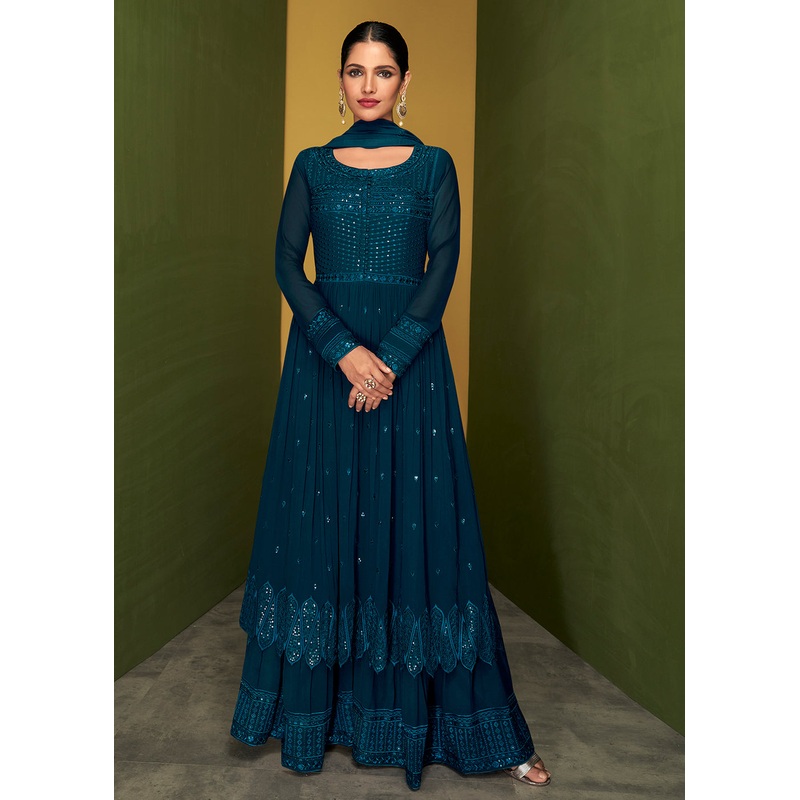 Radiant Blue Anarkali Style Designer Palazzo Salwar Suit