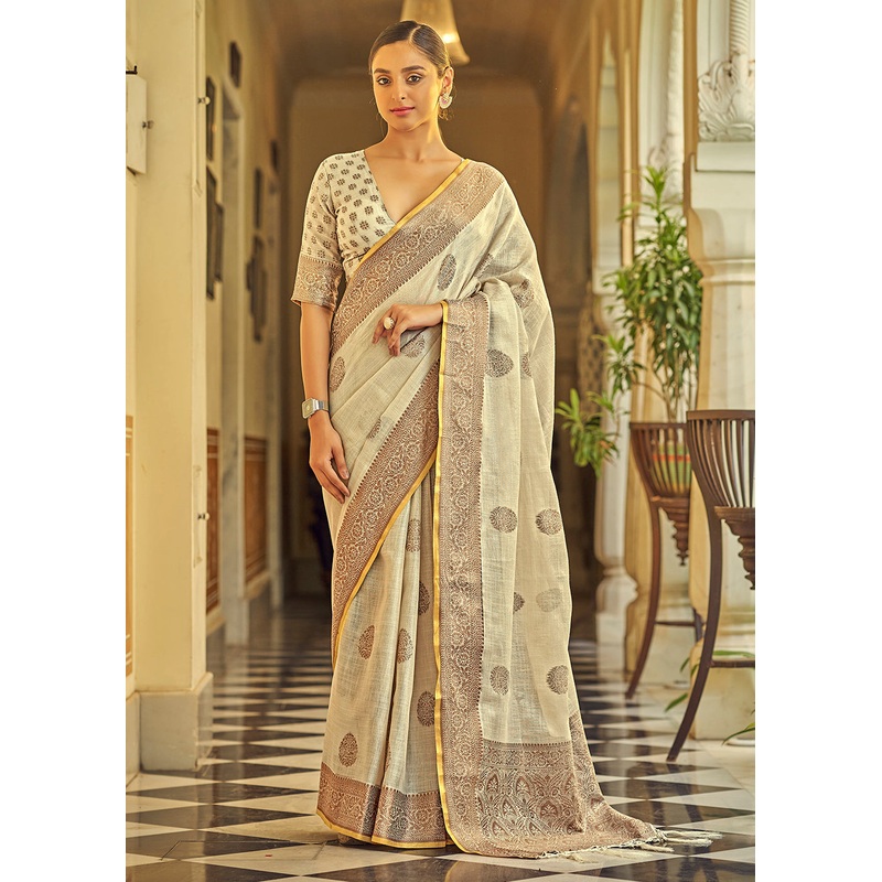 Ravishing Beige Soft Linen Weaving Saree with Belt