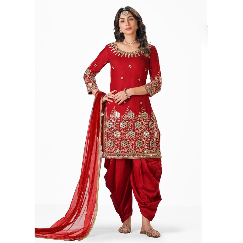 Red Patiala Style Silk Embroidered Punjabi Salwar Suit