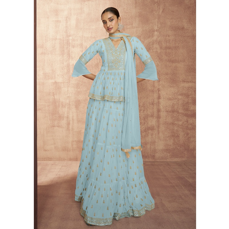 Sky Blue Georgette Party Trendy Peplum Lehenga Choli