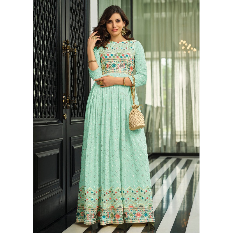 Sky Blue Trendy Georgette Embellished Anarkali Suit