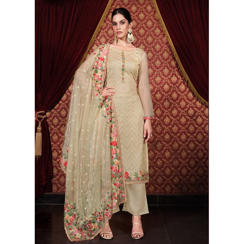 Soft Organza Silk Beige Embroidered Pant Style Suit