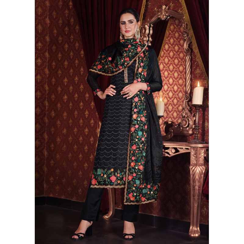 Soft Organza Silk Black Embroidered Pant Style Suit
