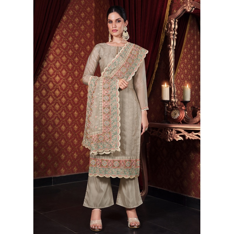 Soft Organza Silk Cream Embroidered Pant Style Suit