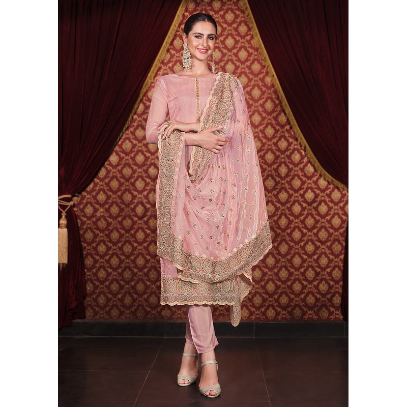 Soft Organza Silk Pink Embroidered Pant Style Suit