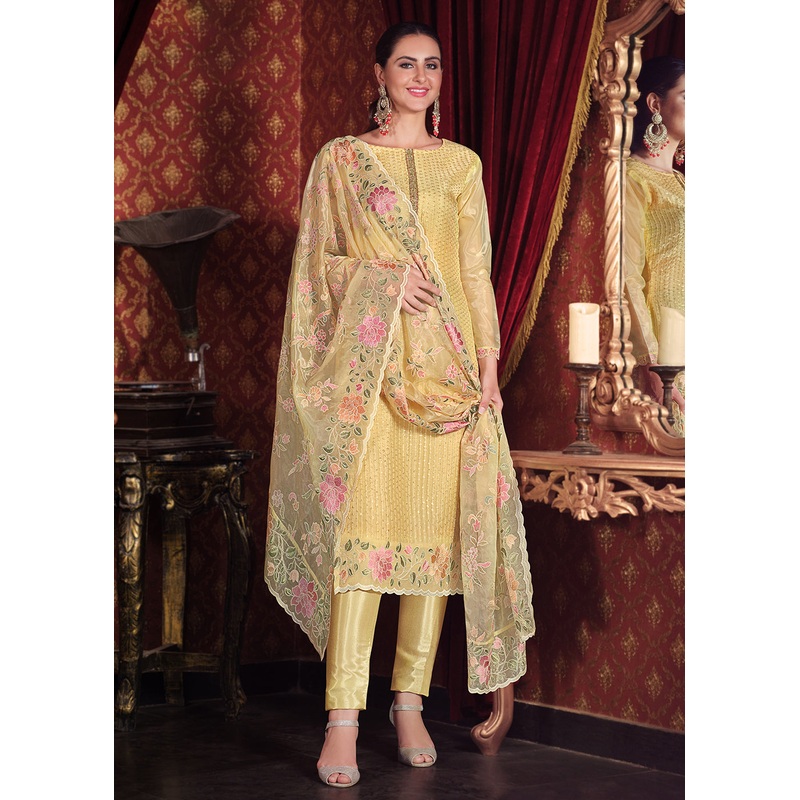 Soft Organza Silk Yellow Embroidered Pant Style Suit