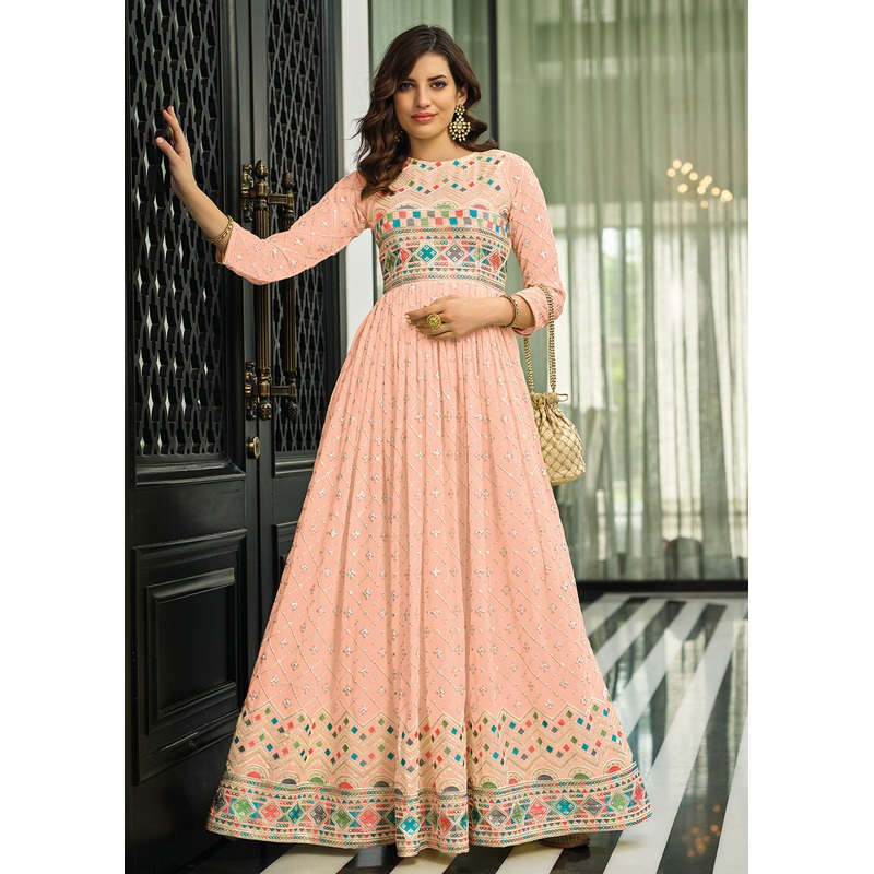 Soft Peach Trendy Georgette Embellished Anarkali Suit