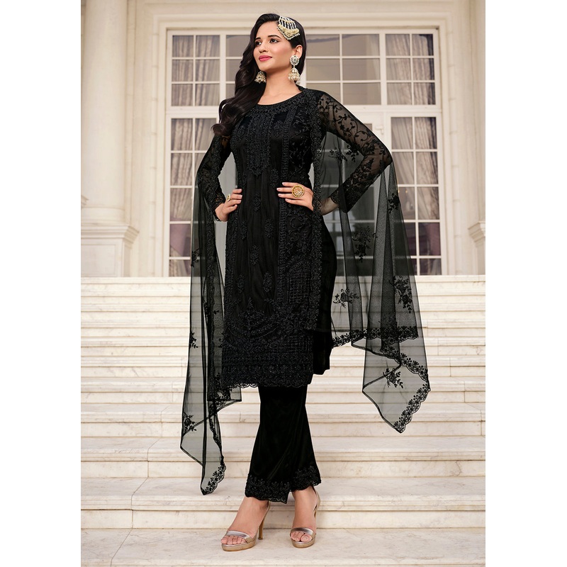 Solid Hot Black Embroidered Pant Style Salwar Suit