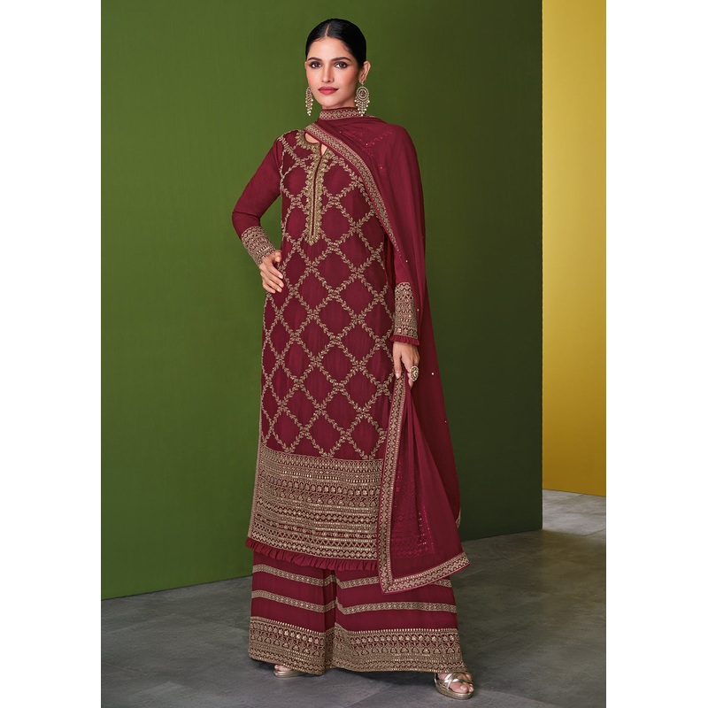 Stunning Maroon Beautifully Embroidered Festive Palazzo Suit