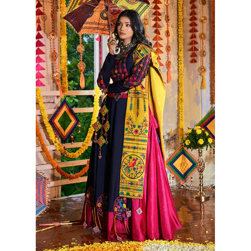 Stunning Pink & Navy Blue Silk Navratri Chaniya Choli