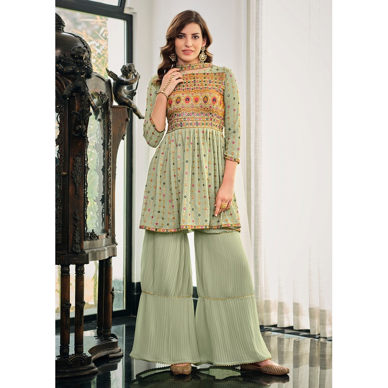 Subline Green Festive Wear Georgette Palazzo Salwar Suit