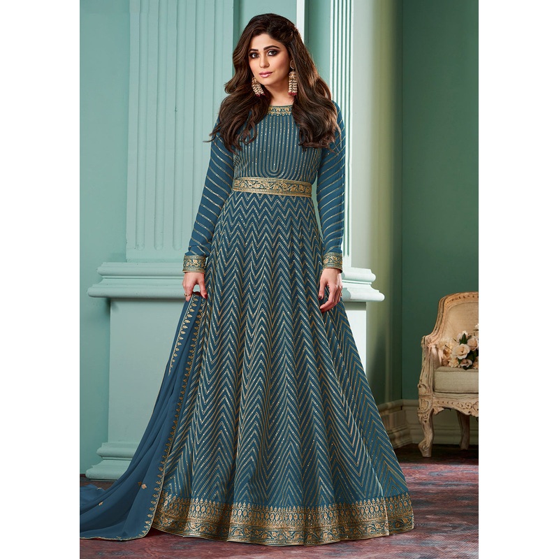 Teal Blue Belt Style Anarkali Featuring Shamita Shetty