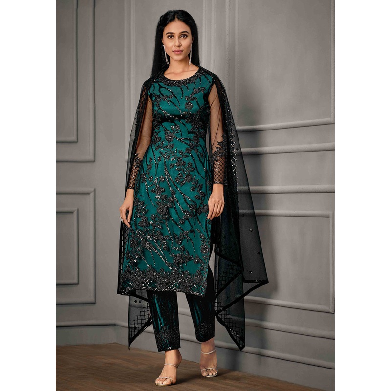 Teal Green Wedding Wear Net Embroidered Salwar Suit