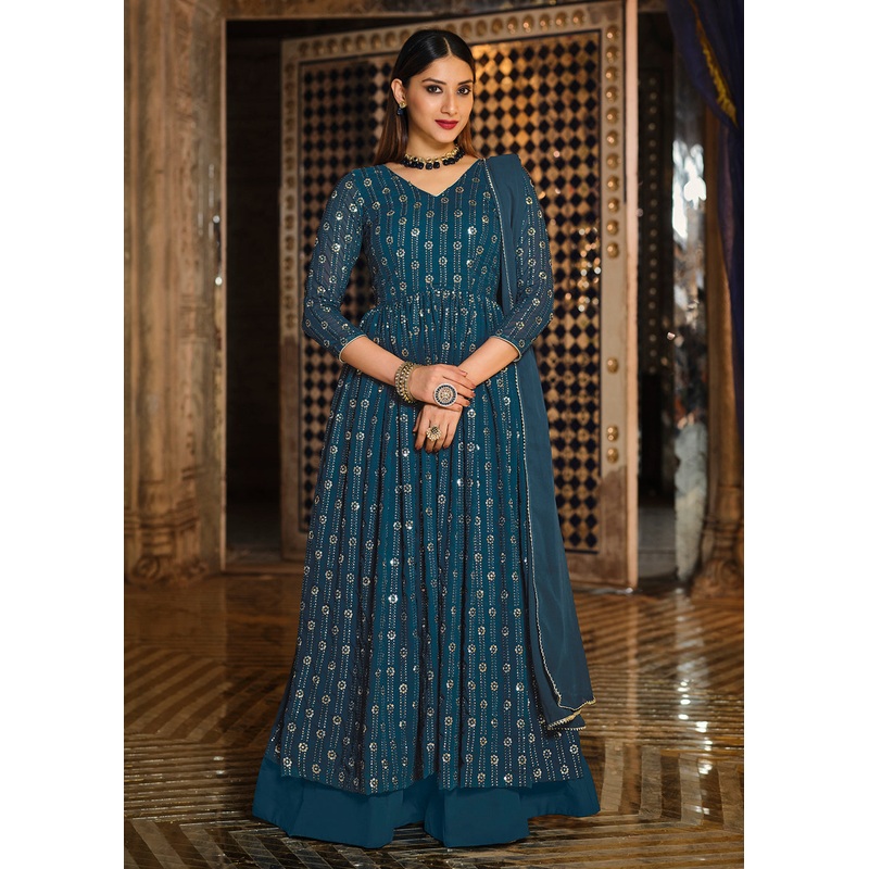 Turquoise Sequins Front Slit Wedding Wear Anarkali Lehenga