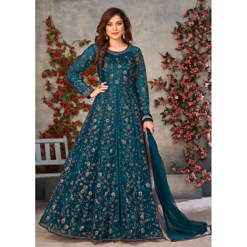 Vintage Teal Blue Wedding Function Pant Style Anarkali Suit