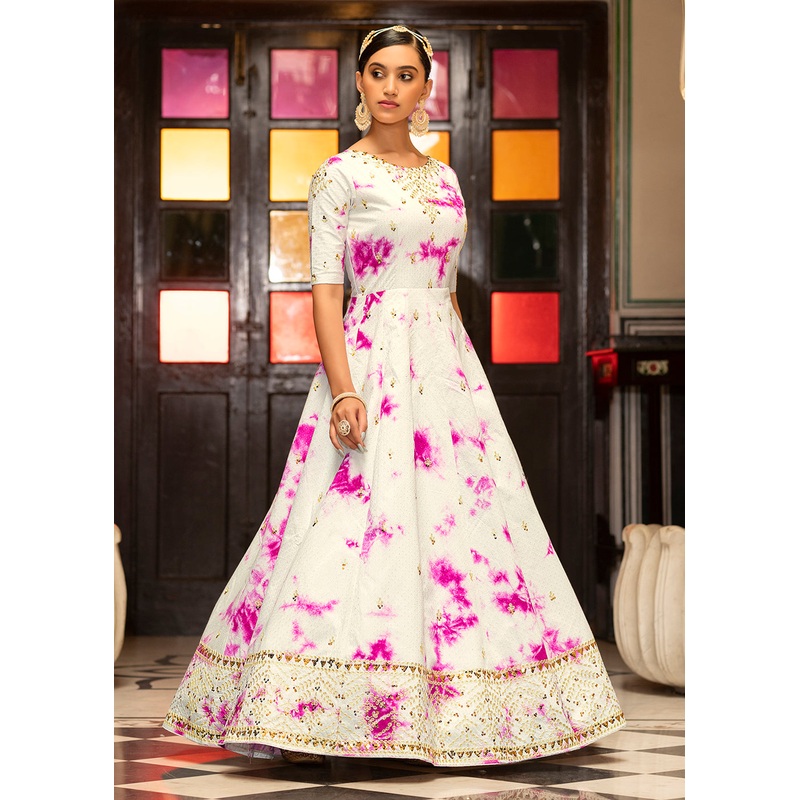 White Shibori Print Embroidered Floor Length Cotton Gown