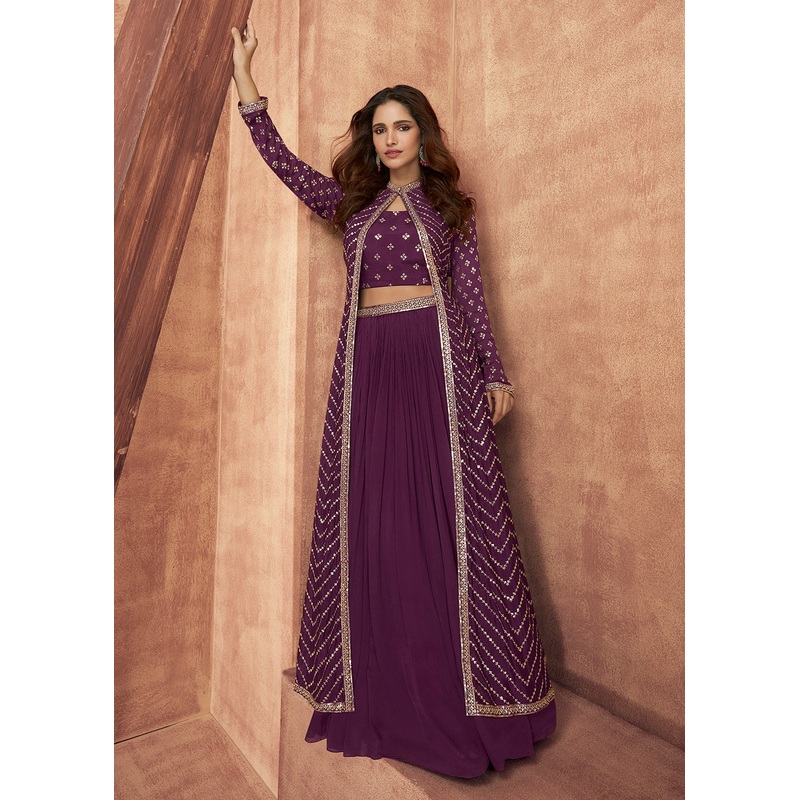 Wine Purple Dola Silk Party Wear Lehenga Choli with Jacket