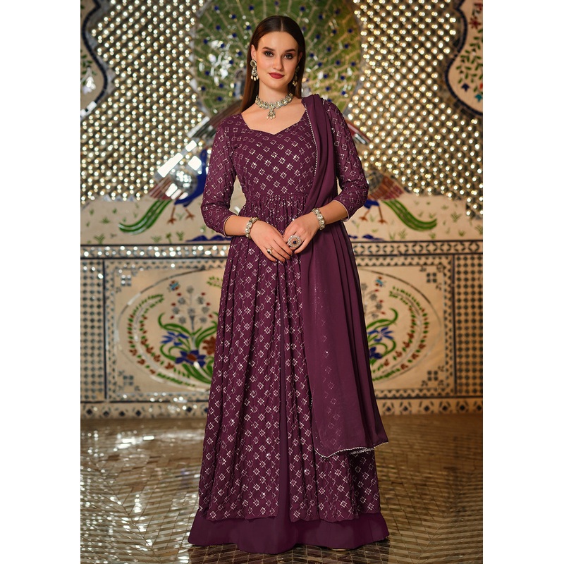 Wine Sequins Front Slit Wedding Wear Anarkali Lehenga