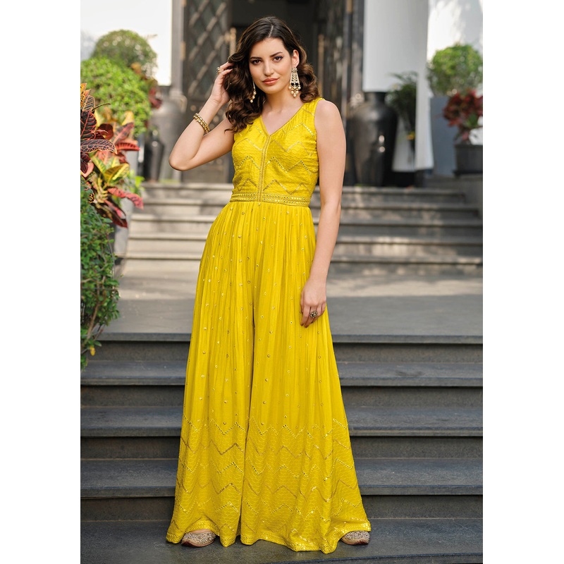 Yellow Indo-Western Embroidered Chinon Jumpsuit