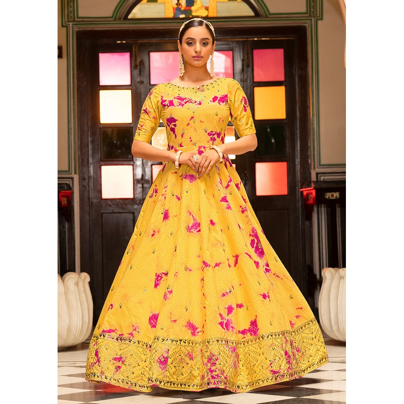 Yellow Shibori Print Embroidered Floor Length Cotton Gown
