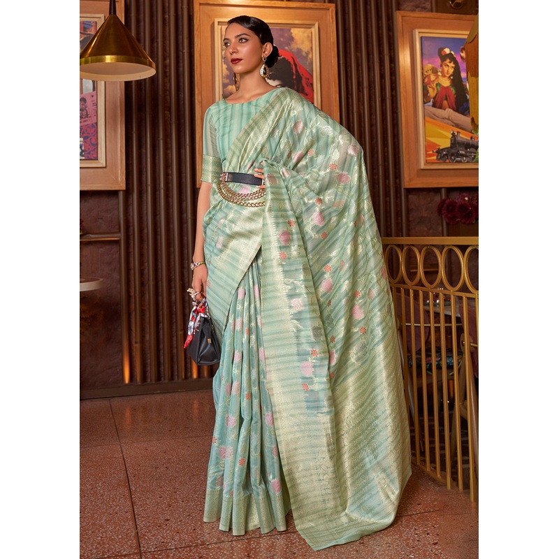 Appealing Sky Blue Linen Fabric Party Wear Weaving Saree