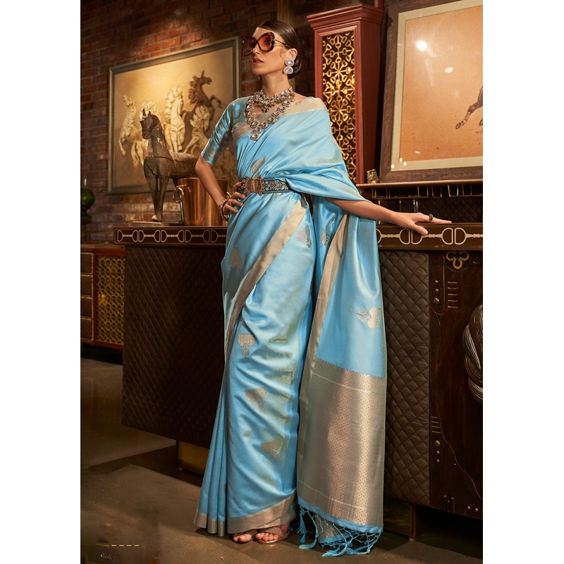 Aqua Blue Handloom Silk Weaving Contemporary Saree