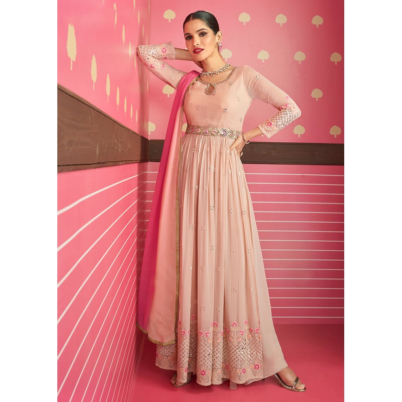 Attractive Soft Peach Embroidered Long Palazzo Suit