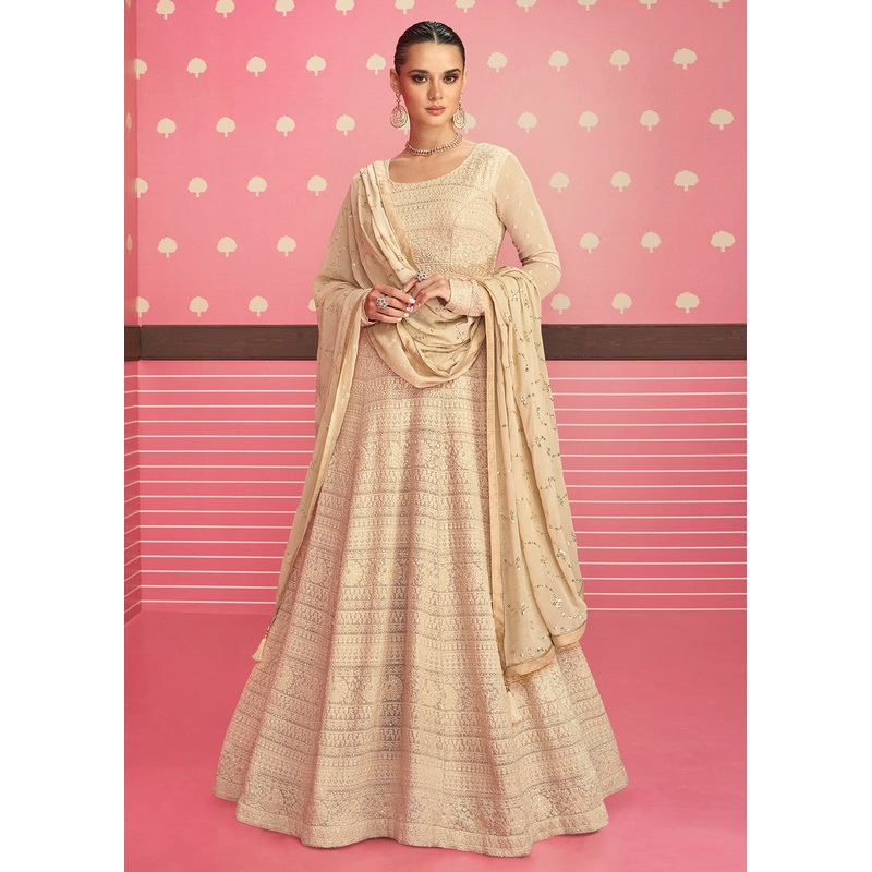 Beige Lucknowi Chikankari Embroidered Bridesmaid Anarkali Suit