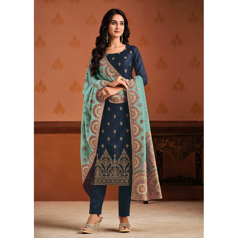 Blue & Aqua Silk Jacquard Sangeet Wear Pant Style Suit