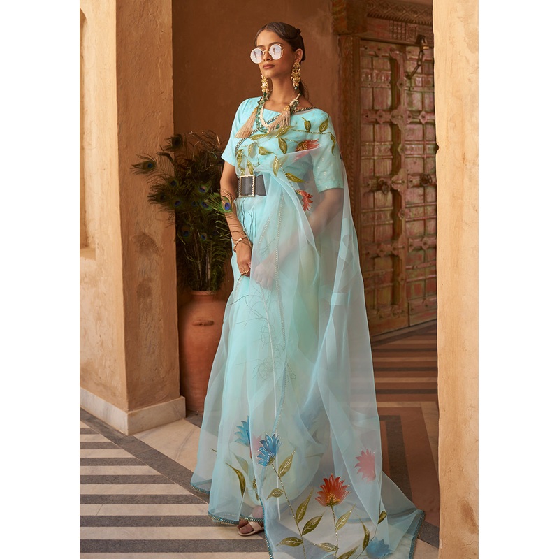 Blue Organza Net Printed Embroidered Classic Indian Saree