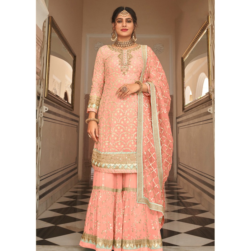 Blush Peach Sequins Embellished Wedding Wear Gharara Style Suit