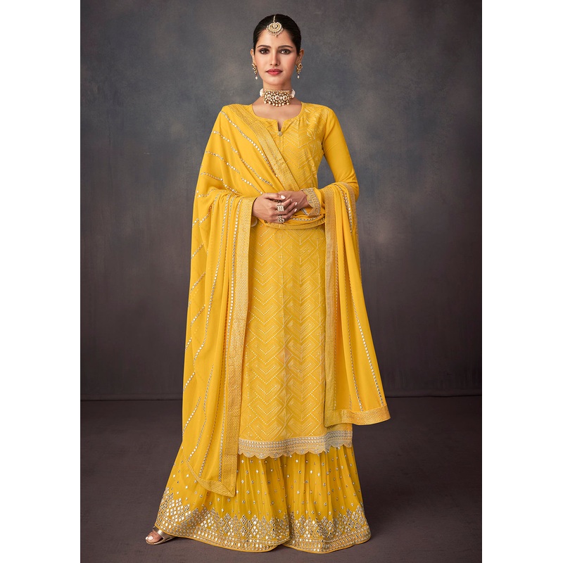 Bright Yellow Georgette Embellished Festive Sharara Suit